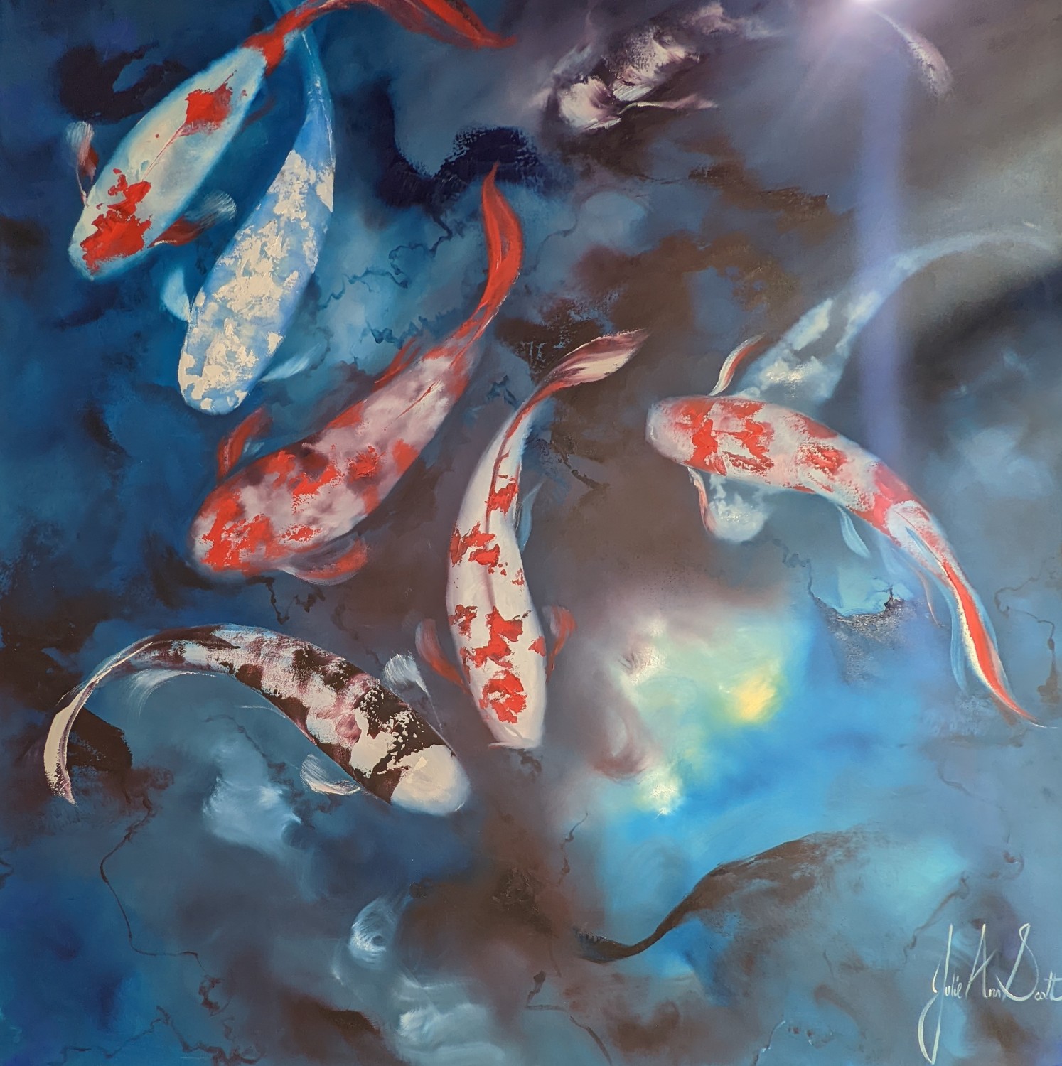 AUTUMN AND KOI FISH - JAPANESE CARP - RED, BLUE AND YELLOW - WATERCOLOUR