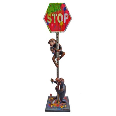 Double Graffiti Chimp Stop Sign  | Mixed Media Sculpture | Size 42.5" x 10" x 9" image