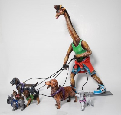 Giraffe Dog Walker | Mixed Media  | Size 12.5 x 22" image